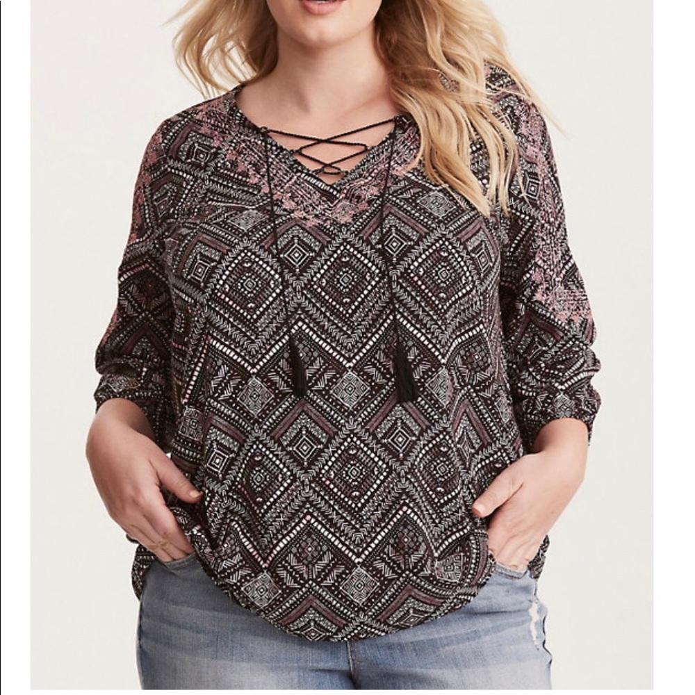 Torrid Geo Print Embroidered Challis Blouse